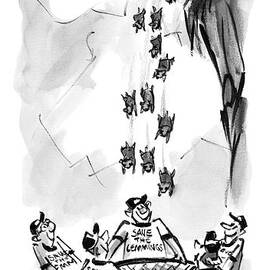 Lemmings Jump Off A Cliff.  Below A Save by Lee Lorenz