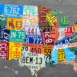 License Plate Map of The United States on Gray Wood Boards by Design Turnpike