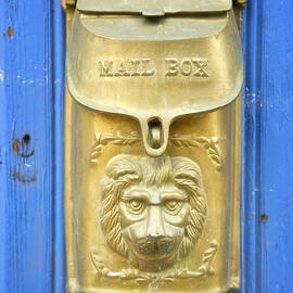 Lion Faced Antique Mailbox on Blue in Salida Colorado by Mary Lee Dereske