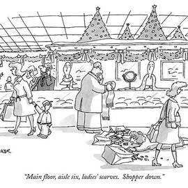 Main Floor, Aisle Six, Ladies' Scarves.  Shopper by Jack Ziegler