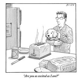 Man, Holding Dog, Speaks To Dog As Both Watch by Harry Bliss