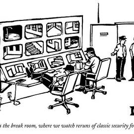 Men Congregate In A Room Full Of Security Tapes by Drew Dernavich