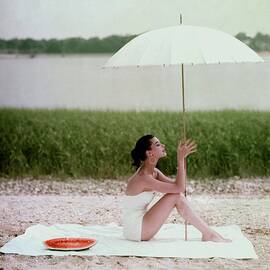 Model Barbara Mullen In A White Swimsuit by Frances McLaughlin-Gill