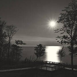 Moon over Lake Michigan in  Black and White by Mary Lee Dereske