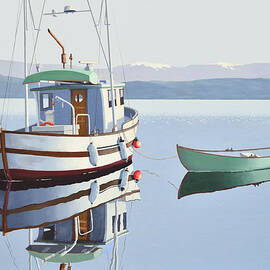 Morning calm-fishing boat with skiff by Gary Giacomelli