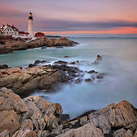 Portland Head Light Snowy Sunset by Katherine Gendreau Photography