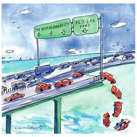 Red Cars Drop Off A Bridge Under A Sign That Says by Michael Crawford
