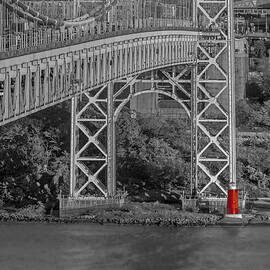 Red Lighthouse And Great Gray Bridge BW by Susan Candelario