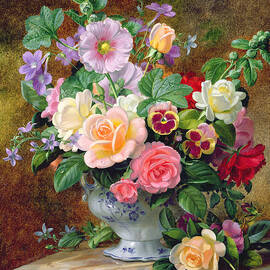 Roses pansies and other flowers in a vase by Albert Williams