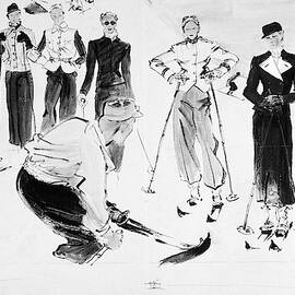 Seven Women Wearing Ski Outfits by Rene Bouet-Willaumez