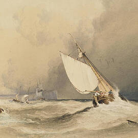 Ships at sea off Folkestone harbour storm approaching by Anthony Vandyke Copley Fielding