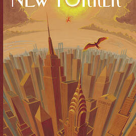 Skyline Of Nyc At Sunset With Icarus Flying Close by Eric Drooker