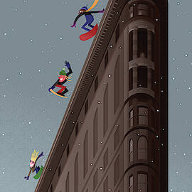 Snowboarders Fly Off The Flatiron Halfpipe by Bob Staake