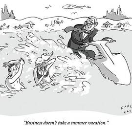 Suited Man Splashes Two Swimmers As He Rides by Farley Katz