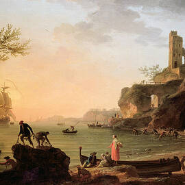 Sunset, Fishermen Pulling In Their by Claude Joseph Vernet