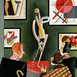 Three Figures Looking At A Modern Sculpture by Constantin Alajalov