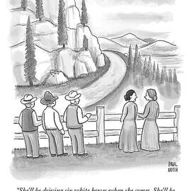 Three Frontiersmen And Two Women Watch A Mountain by Paul Noth
