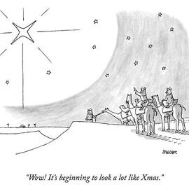 Three Men On Camels Look At The Night Sky.  One by Jack Ziegler