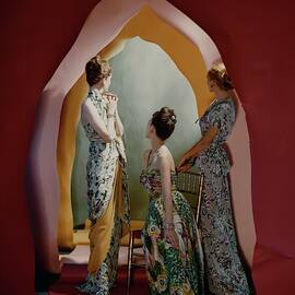 Three Models Wearing Patterned Dresses by Cecil Beaton