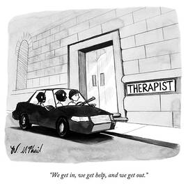 Three Robbers Sit In A Car Outside A Building by Will McPhail