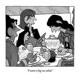 Three Women Are Sitting At A Table Reading Menus by William Haefeli