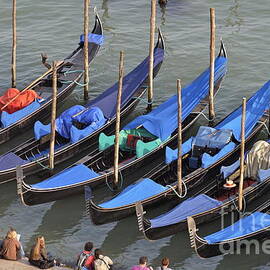 Tourists and Row of empty moored gondolas by Sami Sarkis Photography