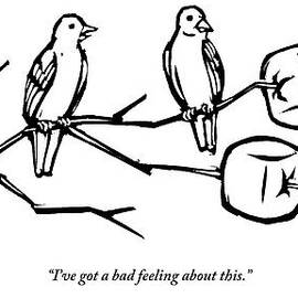 Two Birds Perch On A Branch That Has Marshmallows by Drew Dernavich