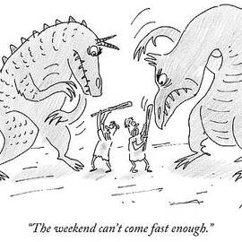 Two Cavemen Fight Dinosaurs by Michael Maslin