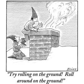 Two Elves On A Snow-covered Roof Yell by Harry Bliss