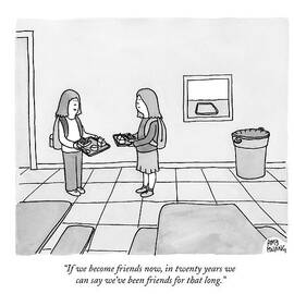 Two Girls Talk In A School Cafeteria by Amy Hwang