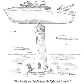 Two Lighthouse Keepers Look Up At A Boat That by Michael Maslin