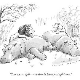 Two Lions Prepare To Dine On Two Hippopotami by Trevor Spaulding