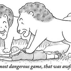 Two Lions Standing Over Collapsed Hunter by David Borchart