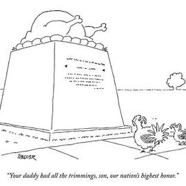 Two Living Turkeys Admire A Monument Of A Cooked by Jack Ziegler