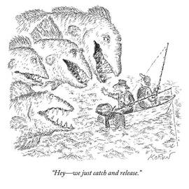 Two Men In A Fishing Boat Talking To Giant Sea by Edward Koren