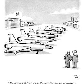 Two Men Look At A Hanger Of Fighter Jets by Paul Noth