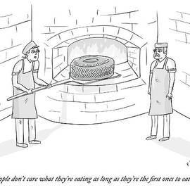 Two Men Place A Car Tire Into A Brick Oven by Farley Katz