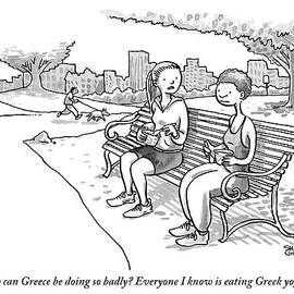 Two Women In Exercise Clothes Sit On A Park Bench by Shannon Wheeler