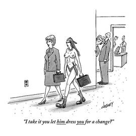 Two Women With Briefcases Walk Down A Hallway by Tom Cheney