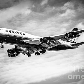 United Airlines Airplane in Black and White by Paul Velgos