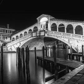 VENICE Rialto Bridge at Night black and white by Melanie Viola