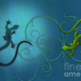 water colour print of twin geckos and swirls Duality by Sassan Filsoof