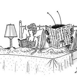 Woman And A Large Insect Read In Bed by Tom Cheney