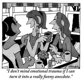 Woman Holding A Mug Of Coffee Speaking With Two by William Haefeli