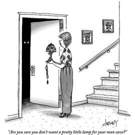 Woman Holding Lamp Stands At Dark Bedroom Doorway by Tom Cheney