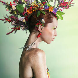 Woman Wearing A Colorful Floral Mohawk by Paper Boat Creative