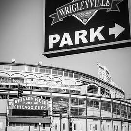 Wrigleyville Sign and Wrigley Field in Black and White by Paul Velgos