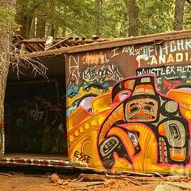 Yellow Graffiti On A Train Wreck by Adam Jewell