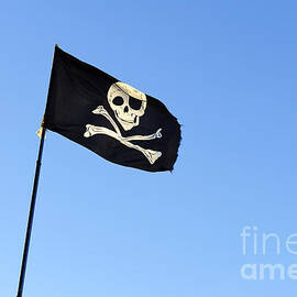 Skull and crossbones on Pirate's flag on blue sky by Sami Sarkis Photography