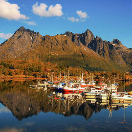 Fishing boats and yachts on Lofoten islands in Norway by Miroslav Liska